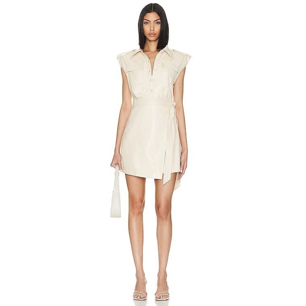 SIMKHAI Vegan Leather Mini Dress Women 2 Cream Excellent Utility Wrap Belted